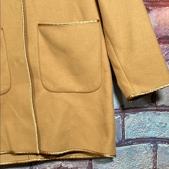 Kenneth Cole Wool Blend Coat L Camel Tan Open Front Minimalist Long Jacket - Picture 3 of 7